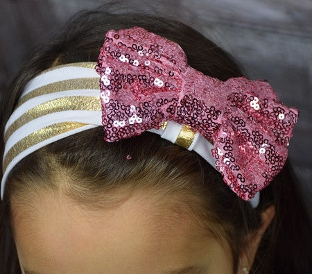Gold Stripe Headband w/Sequin  Bow  (More Colors) - Gabskia
