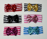 Stripe Cotton Headband with 4.5in Sequin Bow - Gabskia