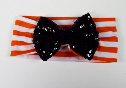 Orange Stripe Headband with Black Sequin Bow - Gabskia