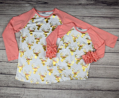 Gold Reindeer w/Coral Sleeves Mommy and Me Tops - Gabskia