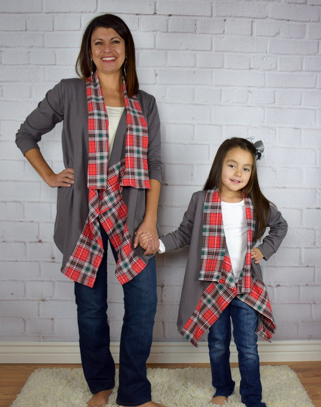 Gray Cardigan w/Plaid Trim Mommy and Me (Up to size 14 girls) - Gabskia