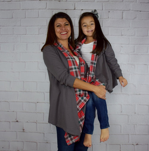 Gray Cardigan w/Plaid Trim Mommy and Me (Up to size 14 girls) - Gabskia