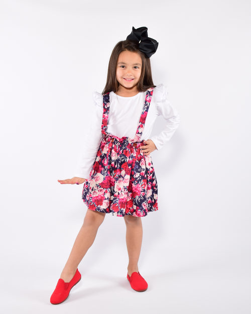 Navy Floral 2pc  Suspender Skirt Set - Gabskia