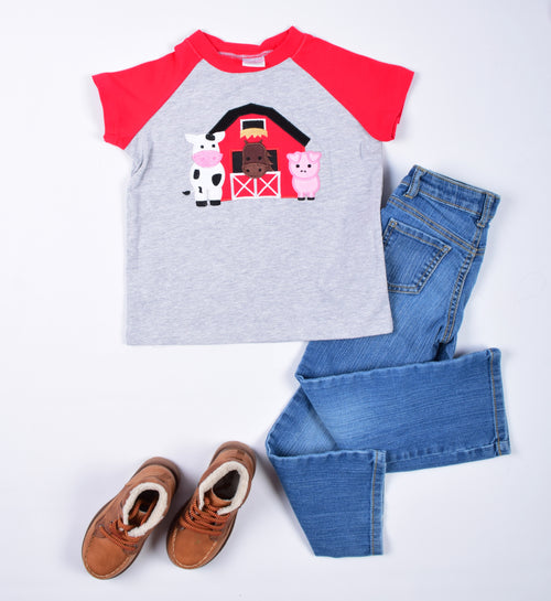 Red Barn on Gray Boy Shirt - Gabskia