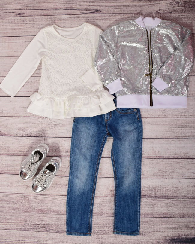 Sequin Bomber Jacket - Silver - Gabskia