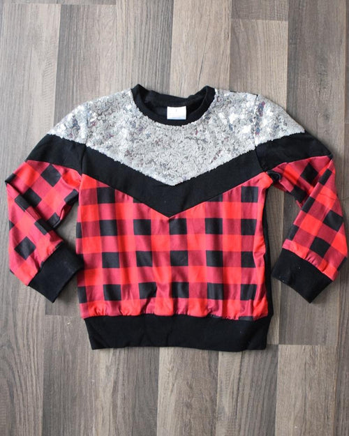 Buffalo Plaid and Silver Sequin Pullover