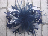 Navy and White Stars with Ostrich Feather 6in Boutique Bow - Gabskia