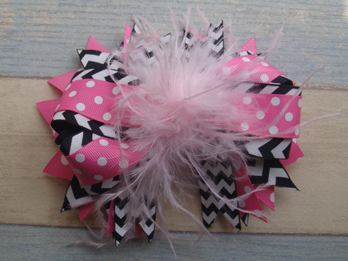 Bubble Pink Polka w/Black Chevron 6in Ostrich Feather Boutique Bow - Gabskia