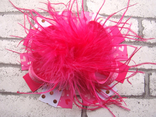 Hot Pink Hearts 6in Boutique Bow w/Ostrich Feather - Gabskia
