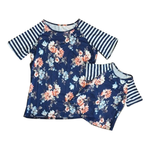 Blue Floral w/Stripe Raglan Mommy and Me Top (Sold Separately) - Gabskia