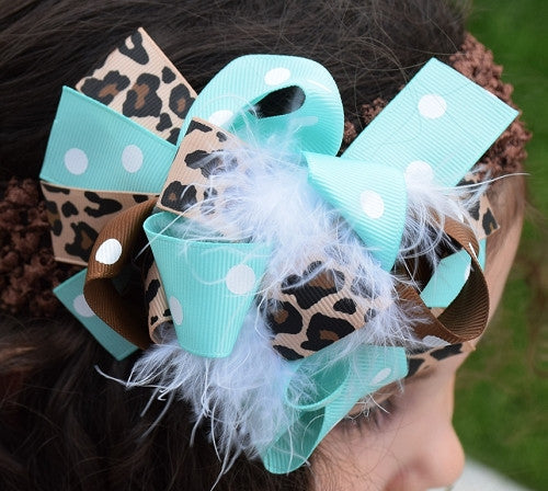 Leopard and Teal 5.5in Boutique Bow - Gabskia