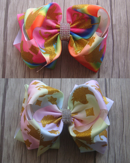 8in Double Loop Chunky Bow w/Rhinestone Center (18 available colors)